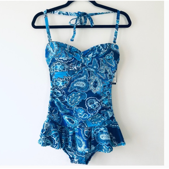 Ralph Lauren Blue Paisley Underwire Captiva Bandeau Swimsuit w/Strap 4 NWT - Picture 2 of 7